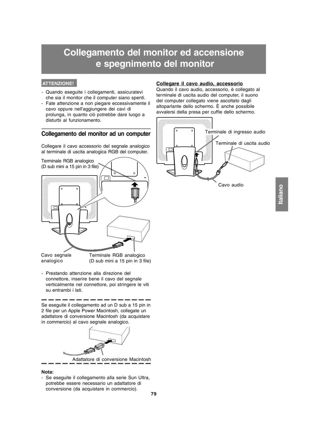 Sharp LL-191A operation manual Collegamento del monitor ad un computer, Collegare il cavo audio, accessorio, Nota 