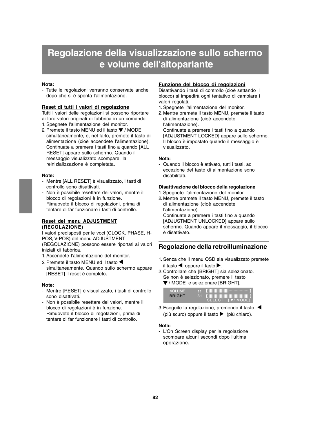 Sharp LL-191A operation manual Regolazione della retroilluminazione, Reset di tutti i valori di regolazione 