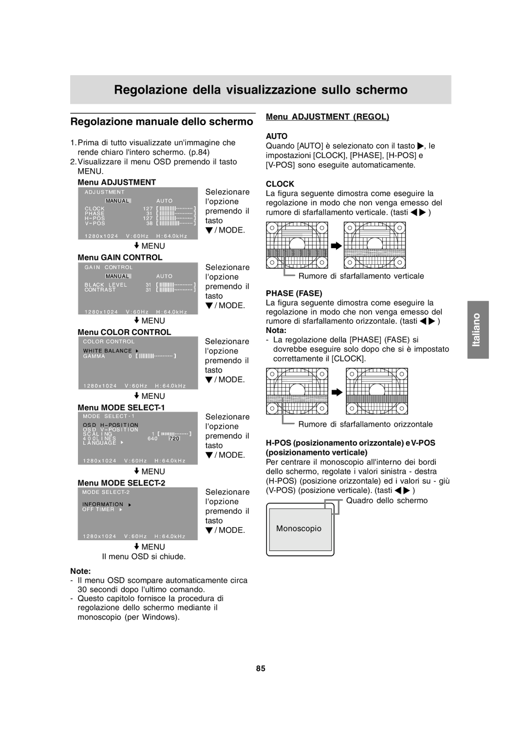 Sharp LL-191A Regolazione della visualizzazione sullo schermo, Regolazione manuale dello schermo, Menu Adjustment Regol 