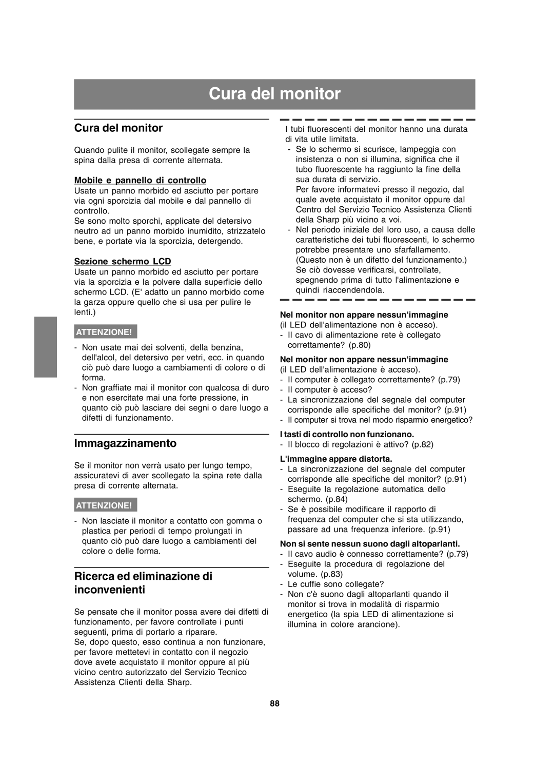 Sharp LL-191A operation manual Cura del monitor, Immagazzinamento, Ricerca ed eliminazione di inconvenienti 