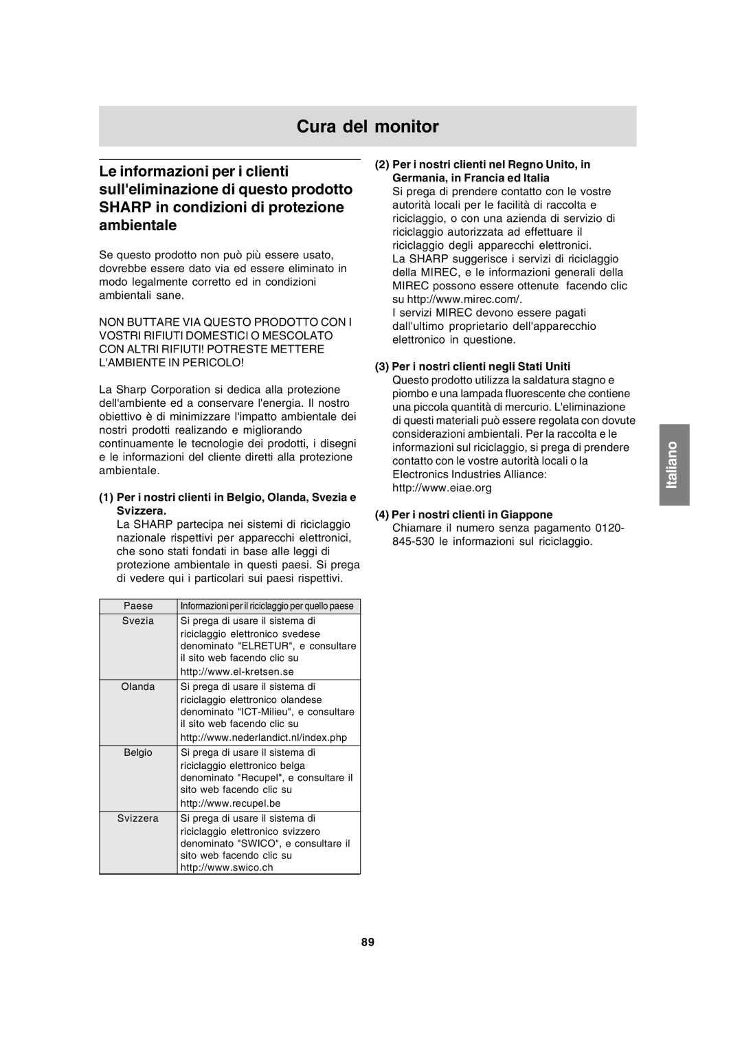 Sharp LL-191A operation manual Cura del monitor, Per i nostri clienti in Belgio, Olanda, Svezia e Svizzera 