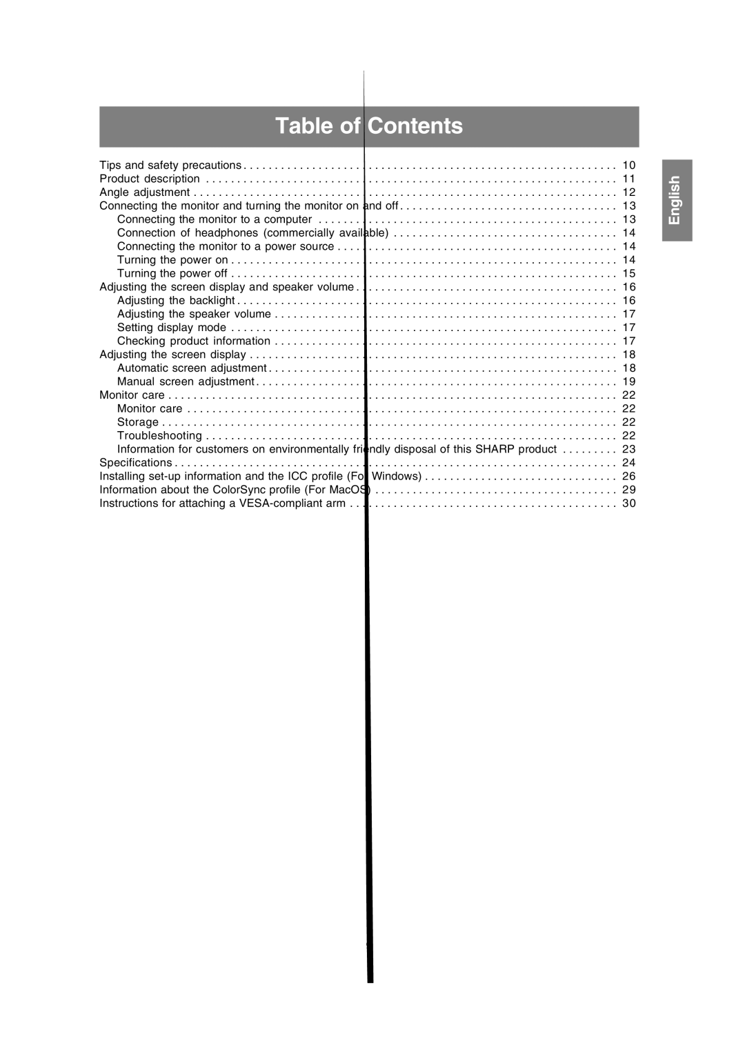 Sharp LL-191A operation manual Table of Contents 