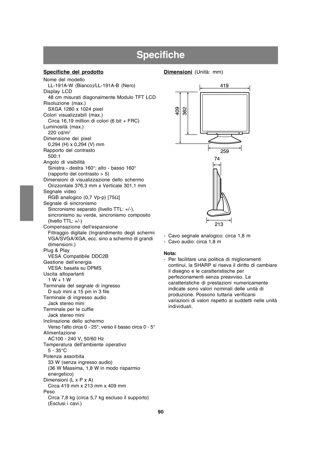 Sharp LL-191A operation manual Specifiche del prodotto 