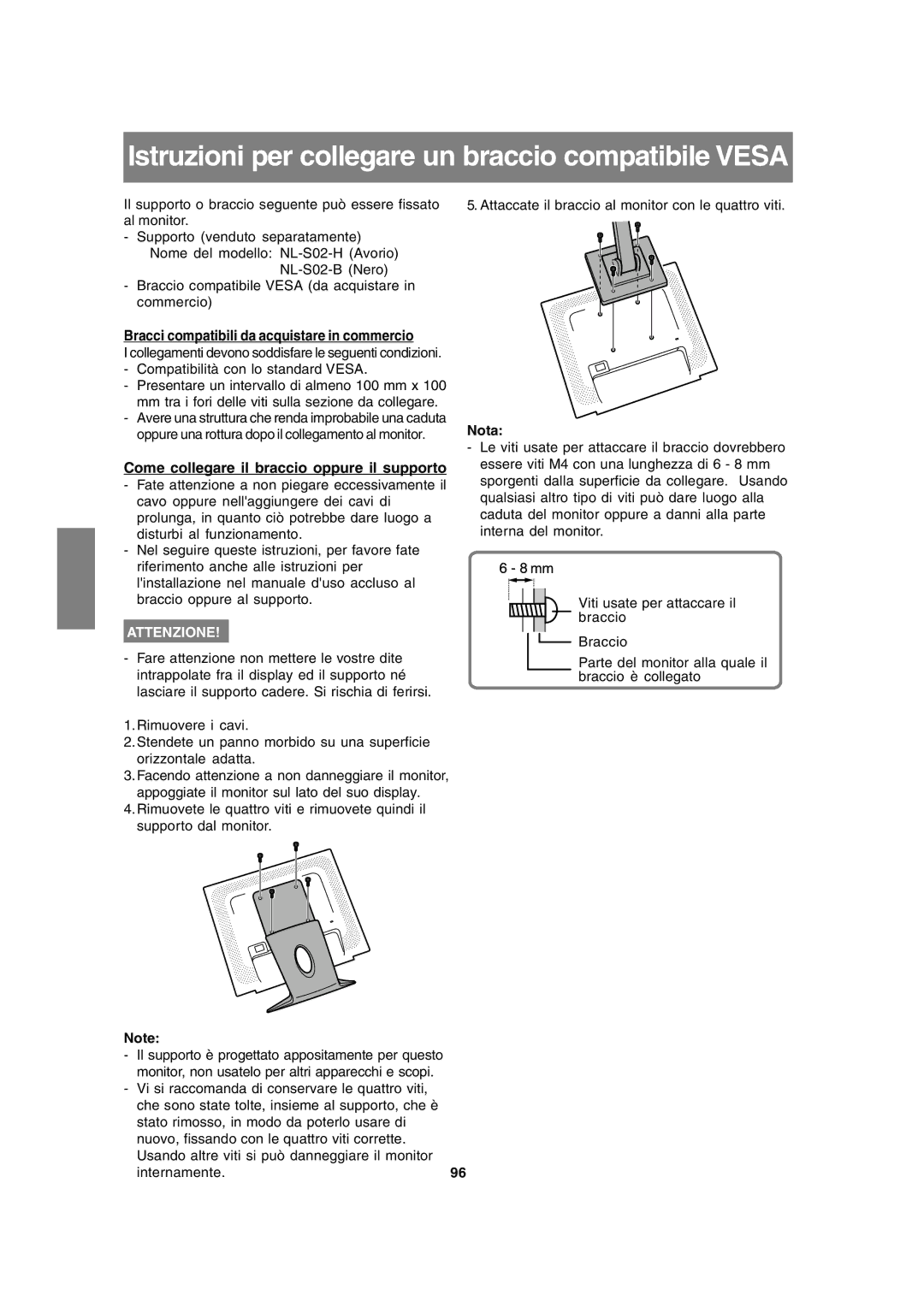 Sharp LL-191A Istruzioni per collegare un braccio compatibile Vesa, Bracci compatibili da acquistare in commercio 