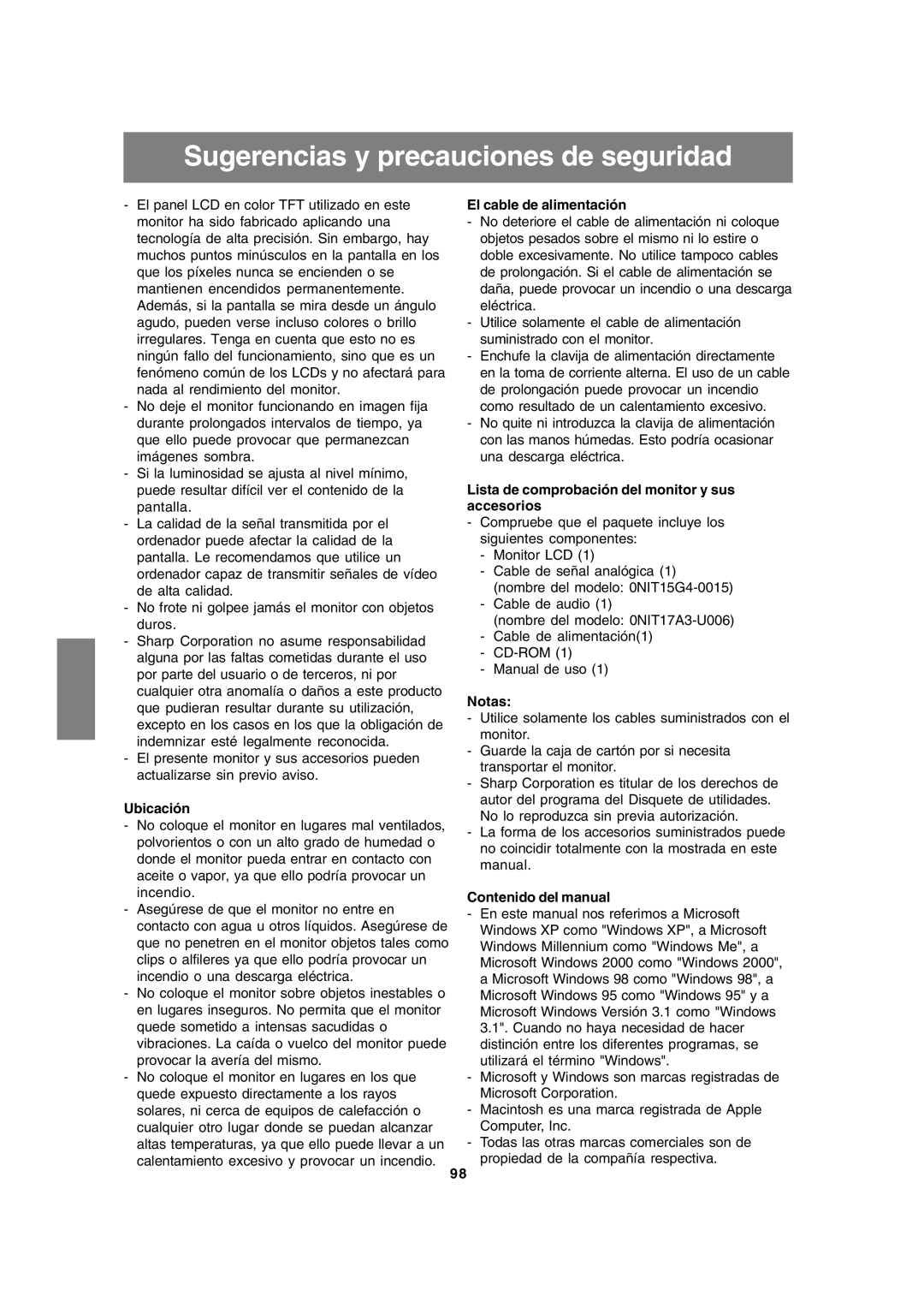 Sharp LL-191A operation manual Sugerencias y precauciones de seguridad 