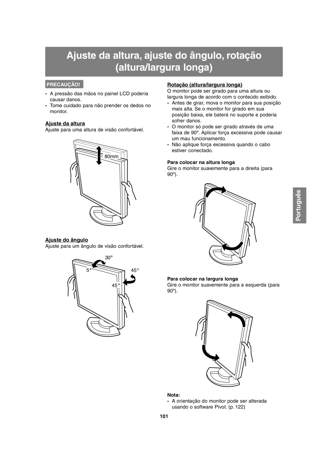 Sharp LL-H1813 operation manual Ajuste da altura, Rotação altura/largura longa, Ajuste do ângulo 