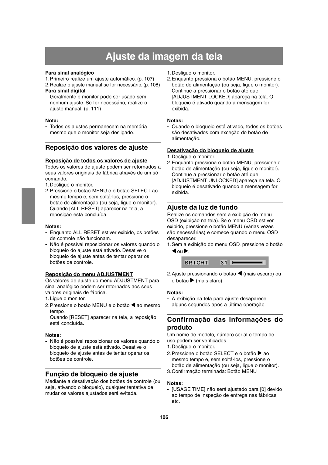 Sharp LL-H1813 operation manual Ajuste da imagem da tela, Reposição dos valores de ajuste, Ajuste da luz de fundo 