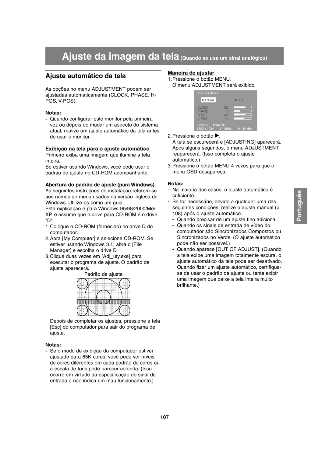 Sharp LL-H1813 Ajuste automático da tela, Exibição na tela para o ajuste automático, Maneira de ajustar, 107 