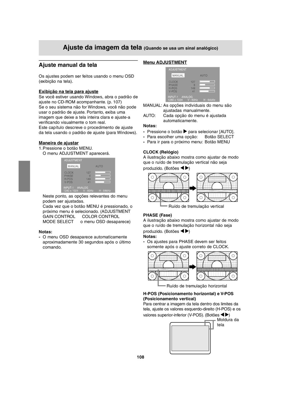 Sharp LL-H1813 operation manual Ajuste manual da tela, Exibição na tela para ajuste 