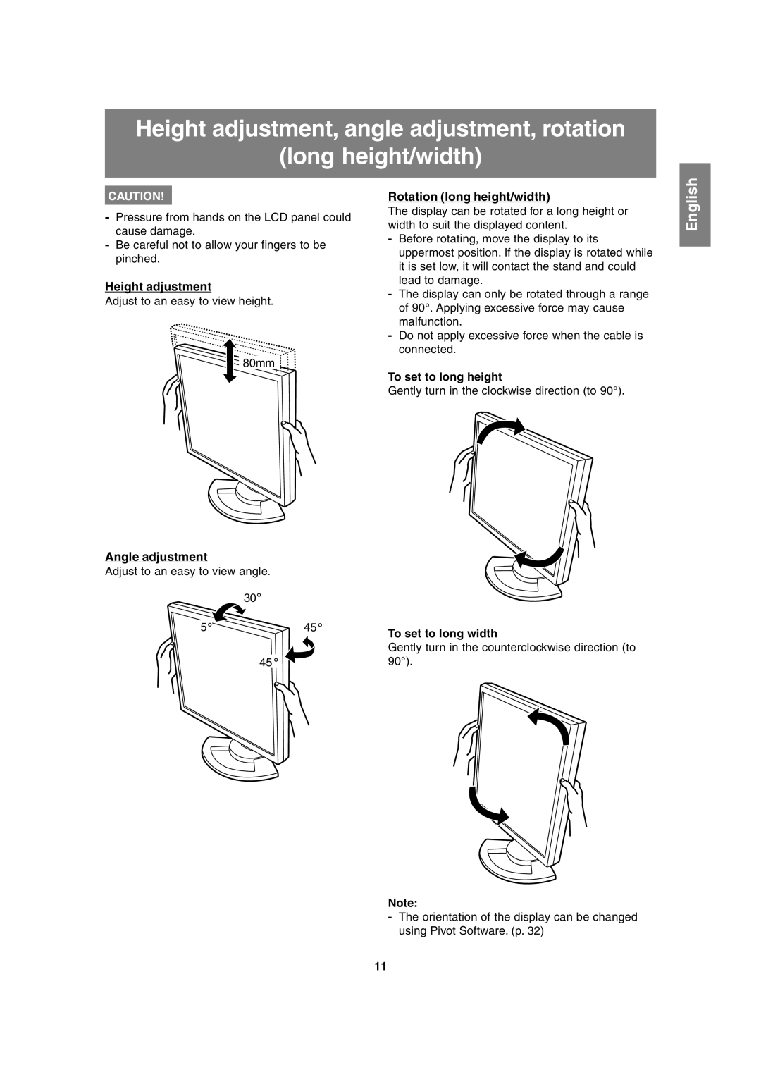 Sharp LL-H1813 operation manual Height adjustment, Angle adjustment, Rotation long height/width, To set to long height 