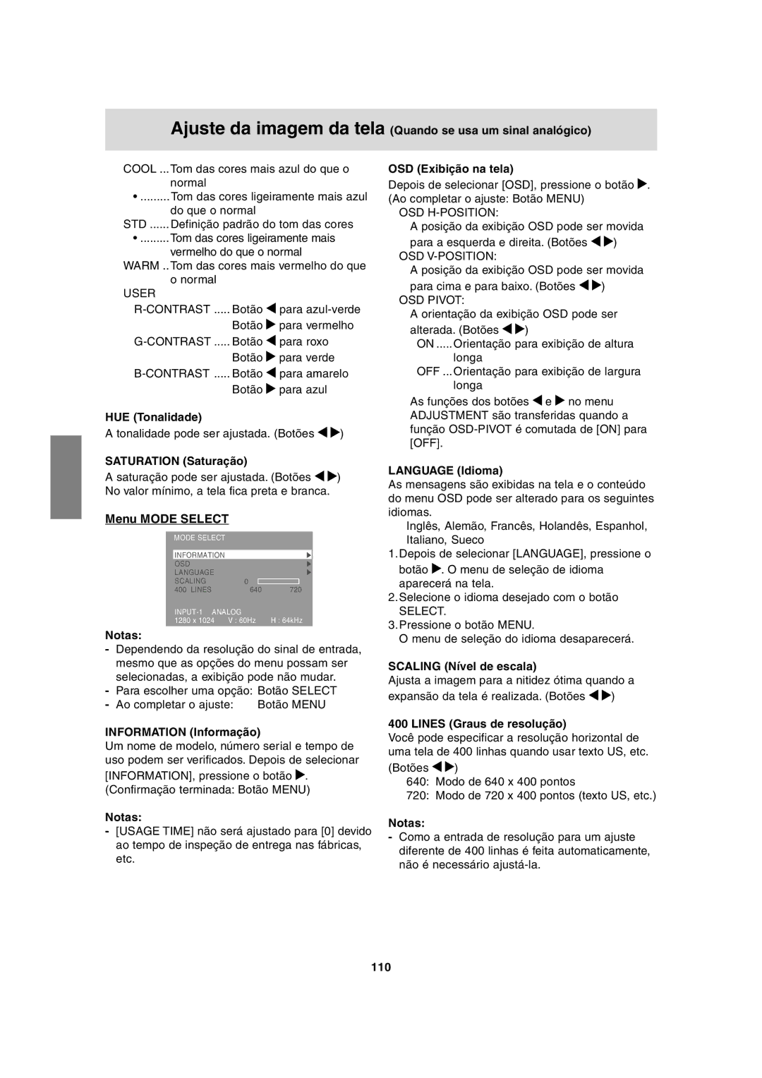 Sharp LL-H1813 HUE Tonalidade, Saturation Saturação, Information Informação, OSD Exibição na tela, Language Idioma, 110 