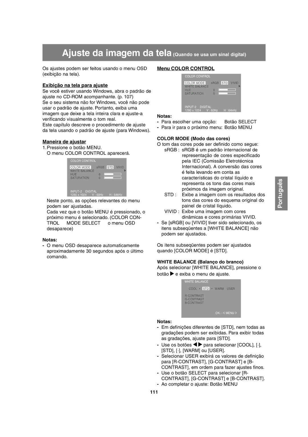 Sharp LL-H1813 operation manual Ajuste da imagem da tela Quando se usa um sinal digital, 111 