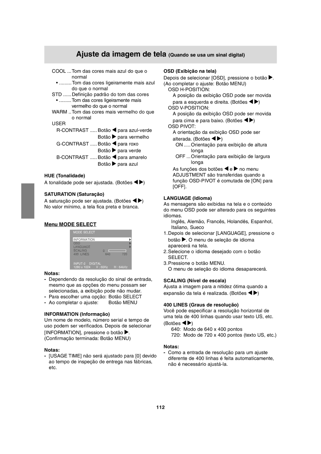 Sharp LL-H1813 operation manual Ajuste da imagem de tela Quando se usa um sinal digital, 112 