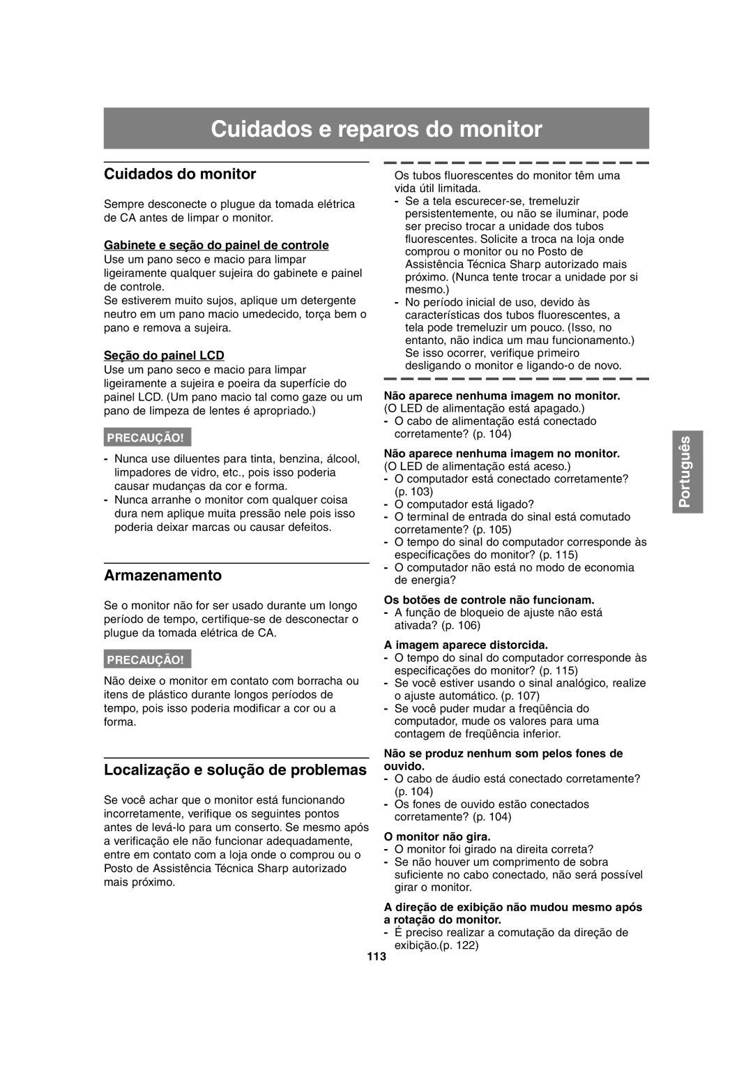 Sharp LL-H1813 Cuidados e reparos do monitor, Cuidados do monitor, Armazenamento, Localização e solução de problemas 