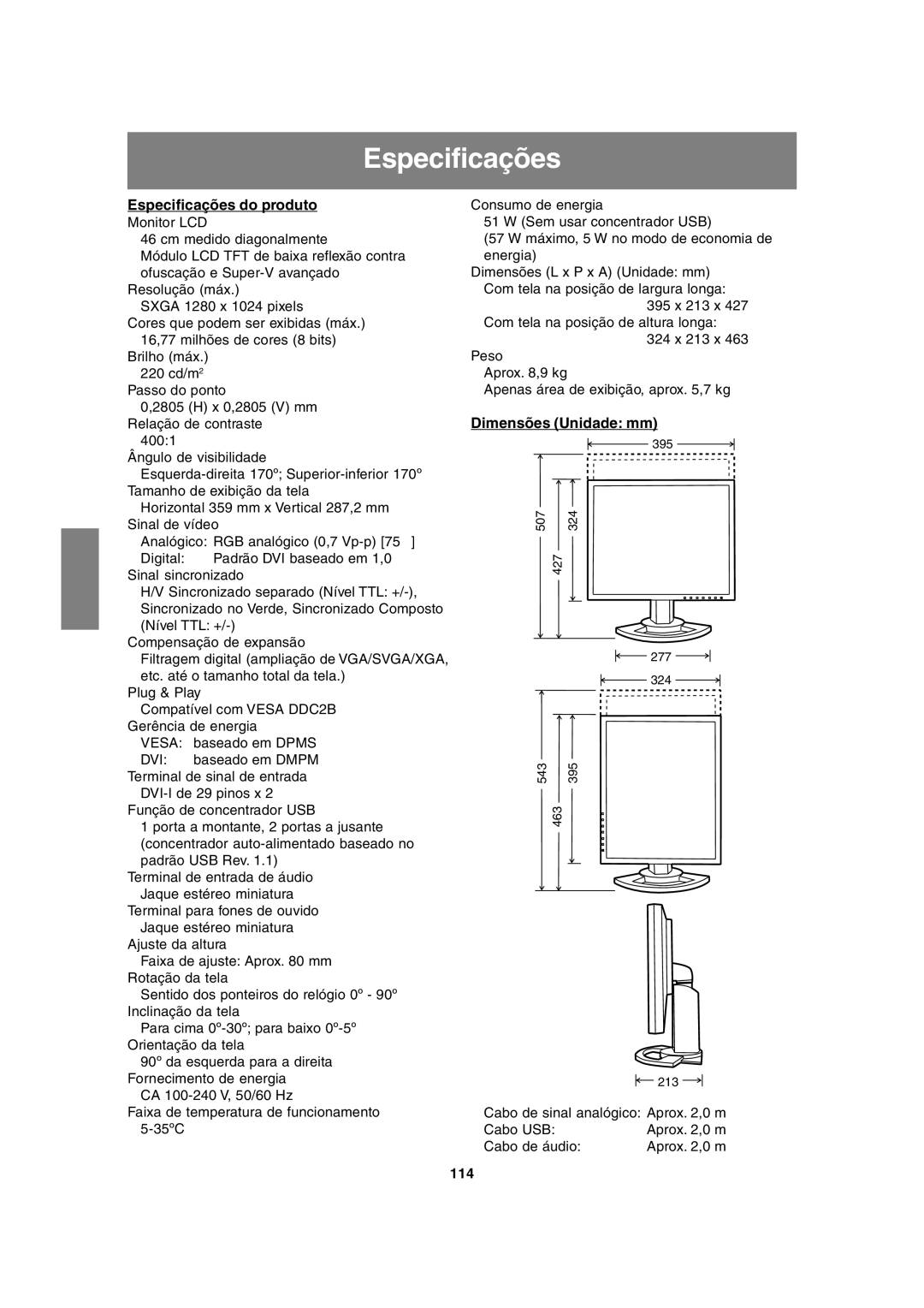 Sharp LL-H1813 operation manual Especificações do produto, 114 