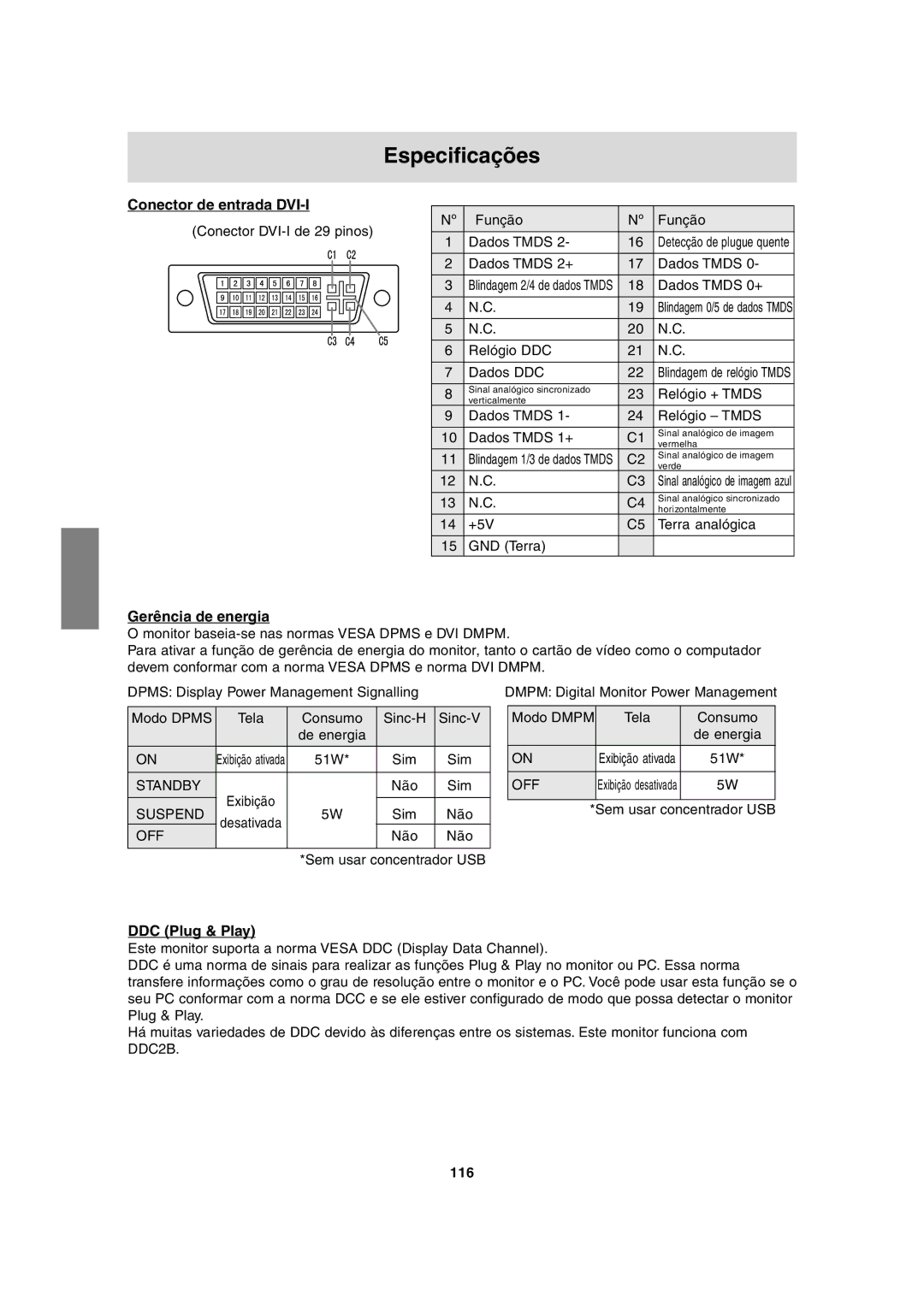 Sharp LL-H1813 operation manual Conector de entrada DVI-I, Gerência de energia, 116 