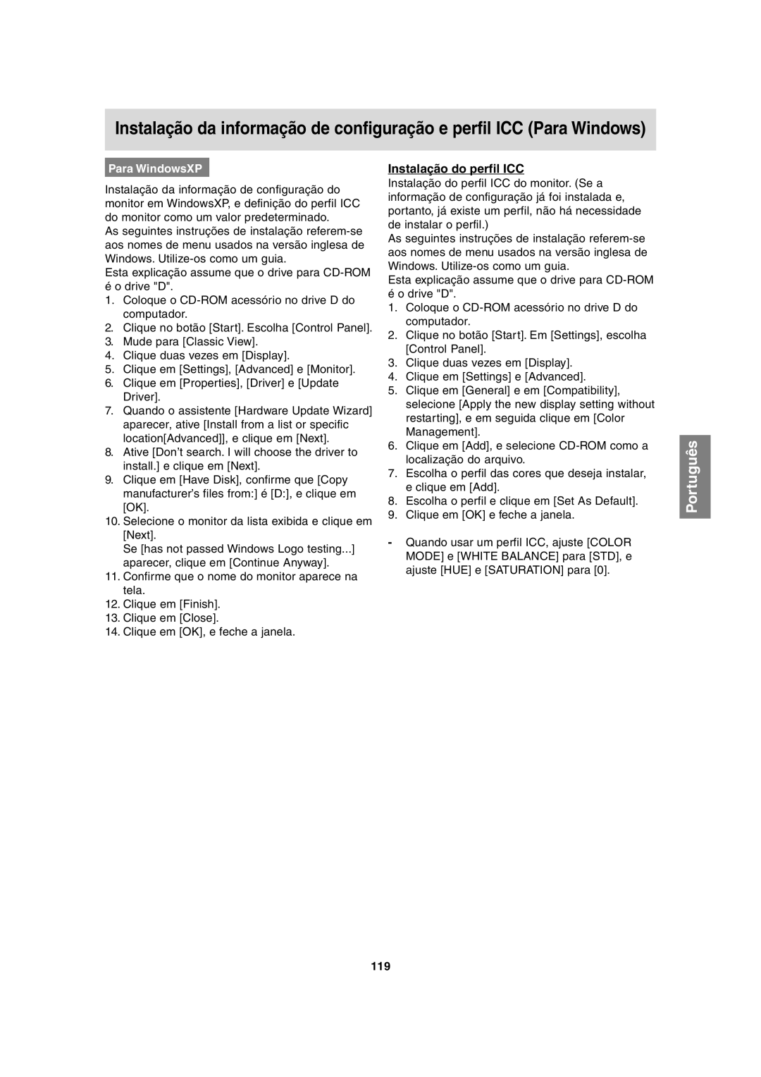 Sharp LL-H1813 operation manual Instalação do perfil ICC, 119 