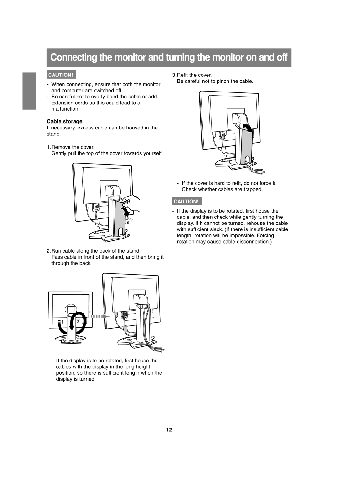 Sharp LL-H1813 operation manual Connecting the monitor and turning the monitor on and off, Cable storage 