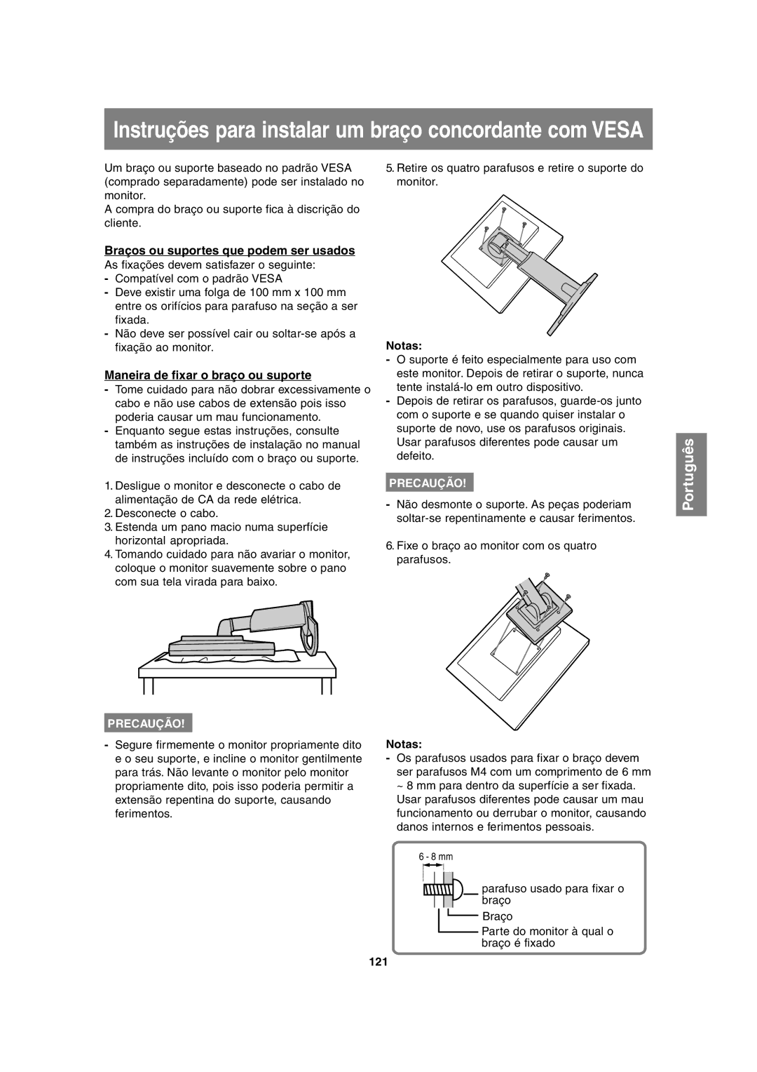 Sharp LL-H1813 operation manual Braços ou suportes que podem ser usados, Maneira de fixar o braço ou suporte, 121 