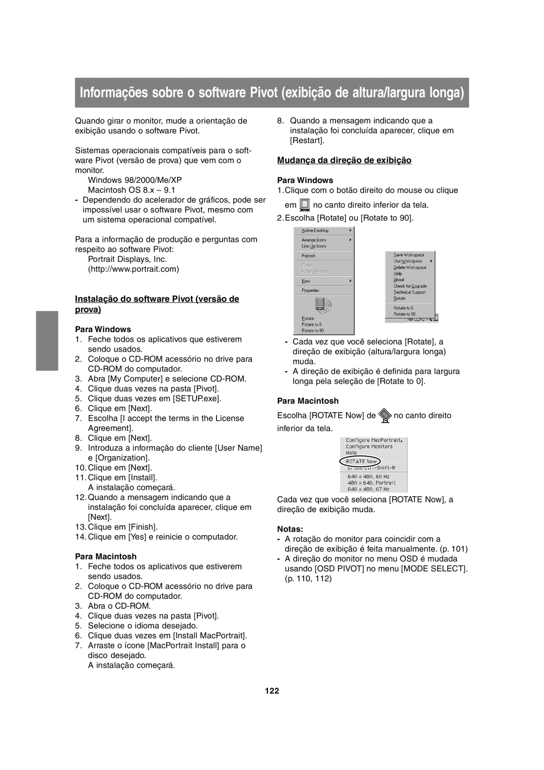 Sharp LL-H1813 operation manual Mudança da direção de exibição, Instalação do software Pivot versão de prova, 122 