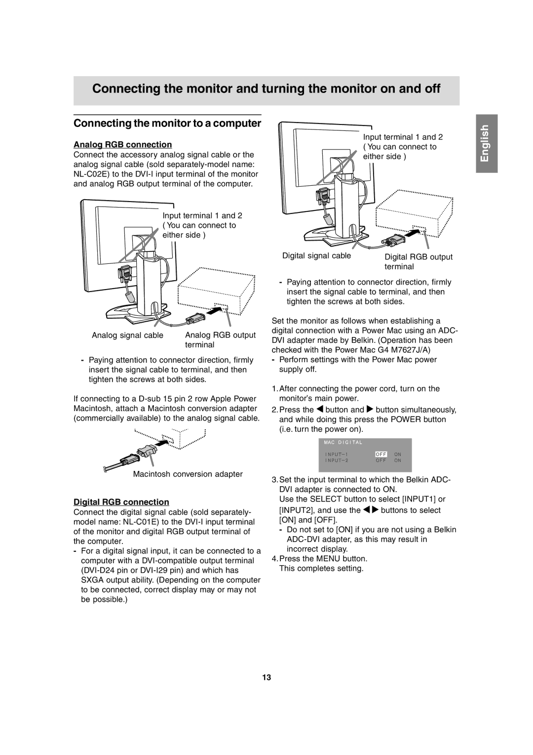 Sharp LL-H1813 Connecting the monitor and turning the monitor on and off, Connecting the monitor to a computer 