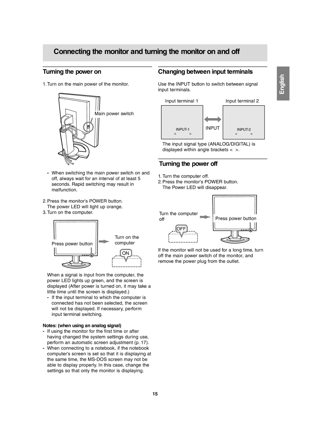 Sharp LL-H1813 operation manual Turning the power on, Changing between input terminals, Turning the power off 