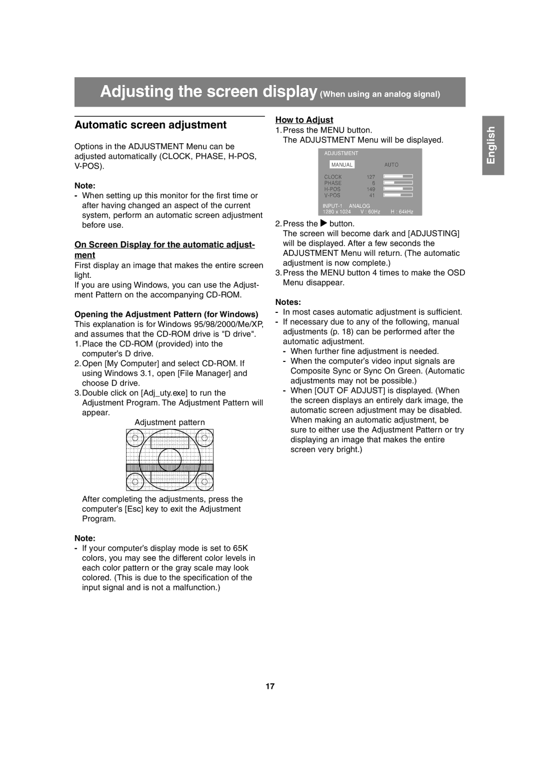 Sharp LL-H1813 Adjusting the screen display When using an analog signal, Automatic screen adjustment, How to Adjust 