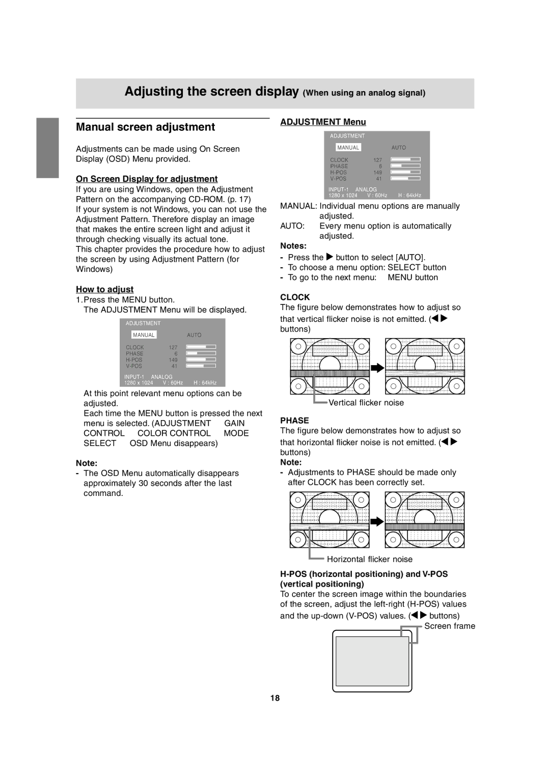 Sharp LL-H1813 Adjusting the screen display When using an analog signal, Manual screen adjustment, Adjustment Menu 