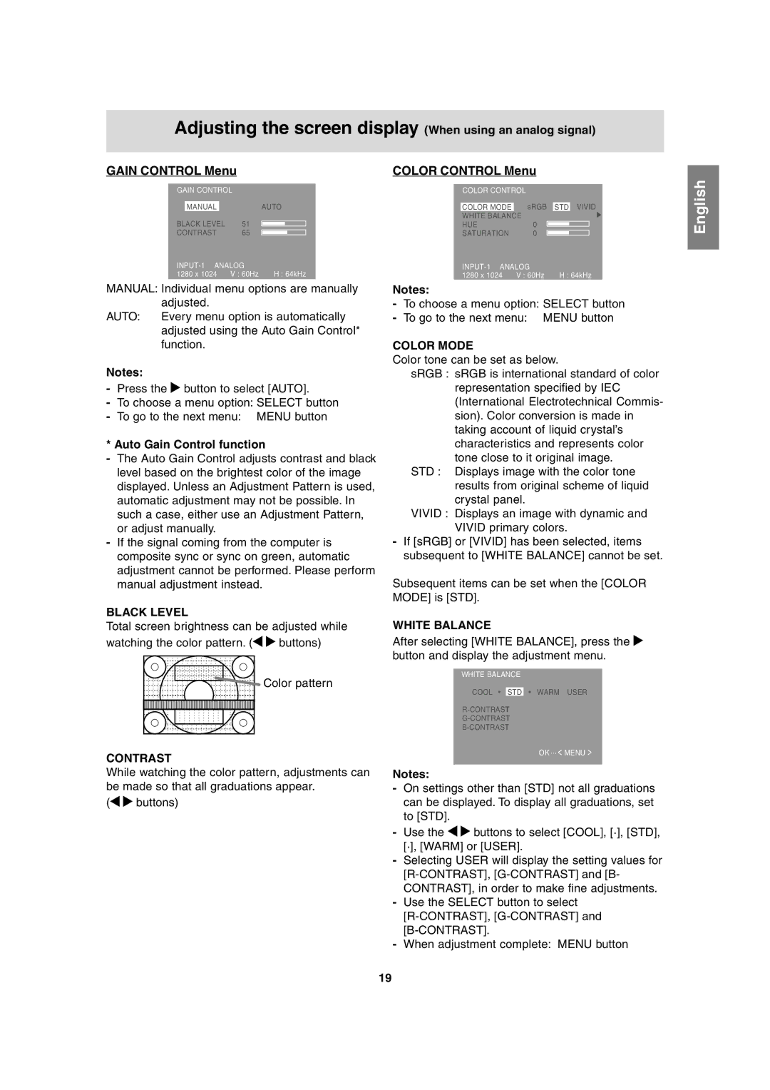 Sharp LL-H1813 operation manual Gain Control Menu, Color Control Menu, Auto Gain Control function 