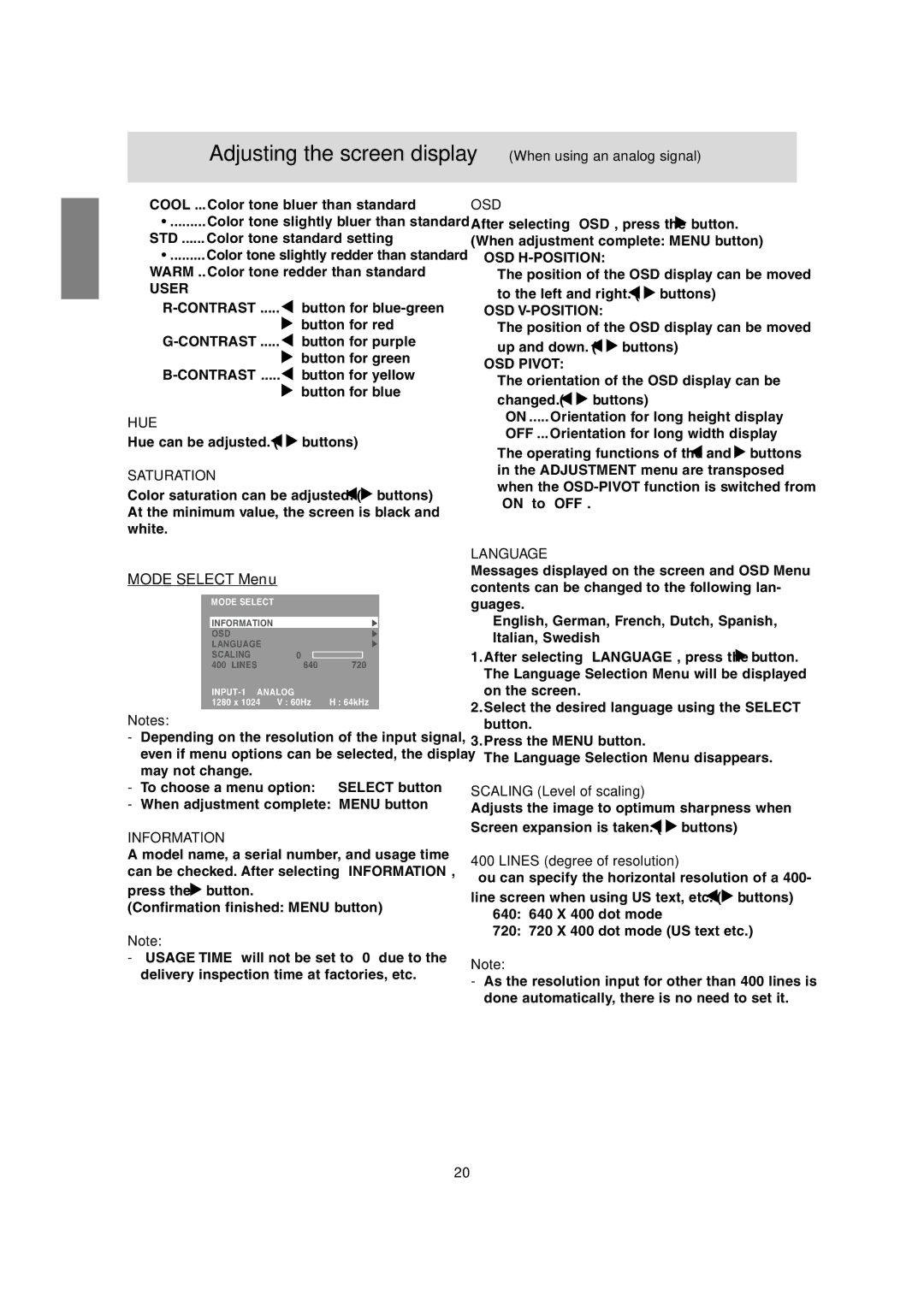 Sharp LL-H1813 operation manual Mode Select Menu, Scaling Level of scaling, Lines degree of resolution 