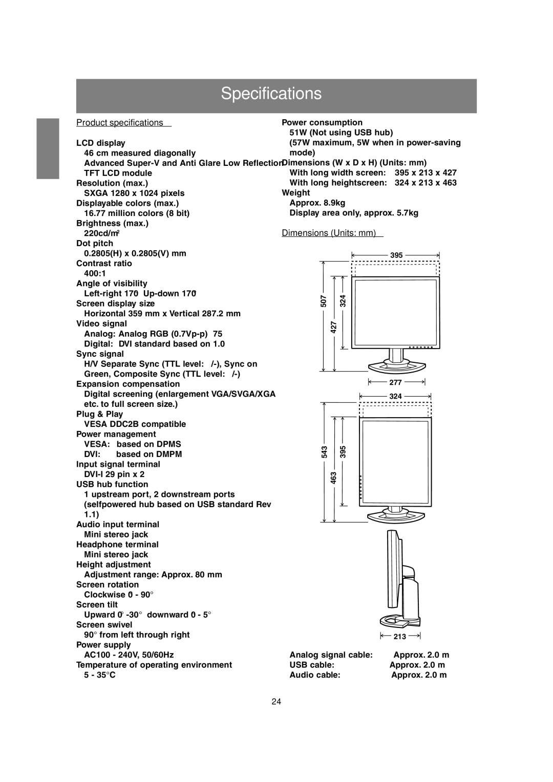 Sharp LL-H1813 operation manual Specifications, Product specifications, Dimensions Units mm 