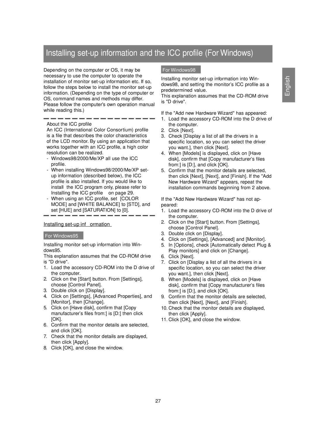 Sharp LL-H1813 operation manual Installing set-up information, About the ICC profile, For Windows95, For Windows98 