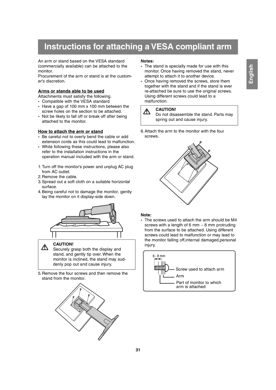 Sharp LL-H1813 operation manual Instructions for attaching a Vesa compliant arm, Arms or stands able to be used 