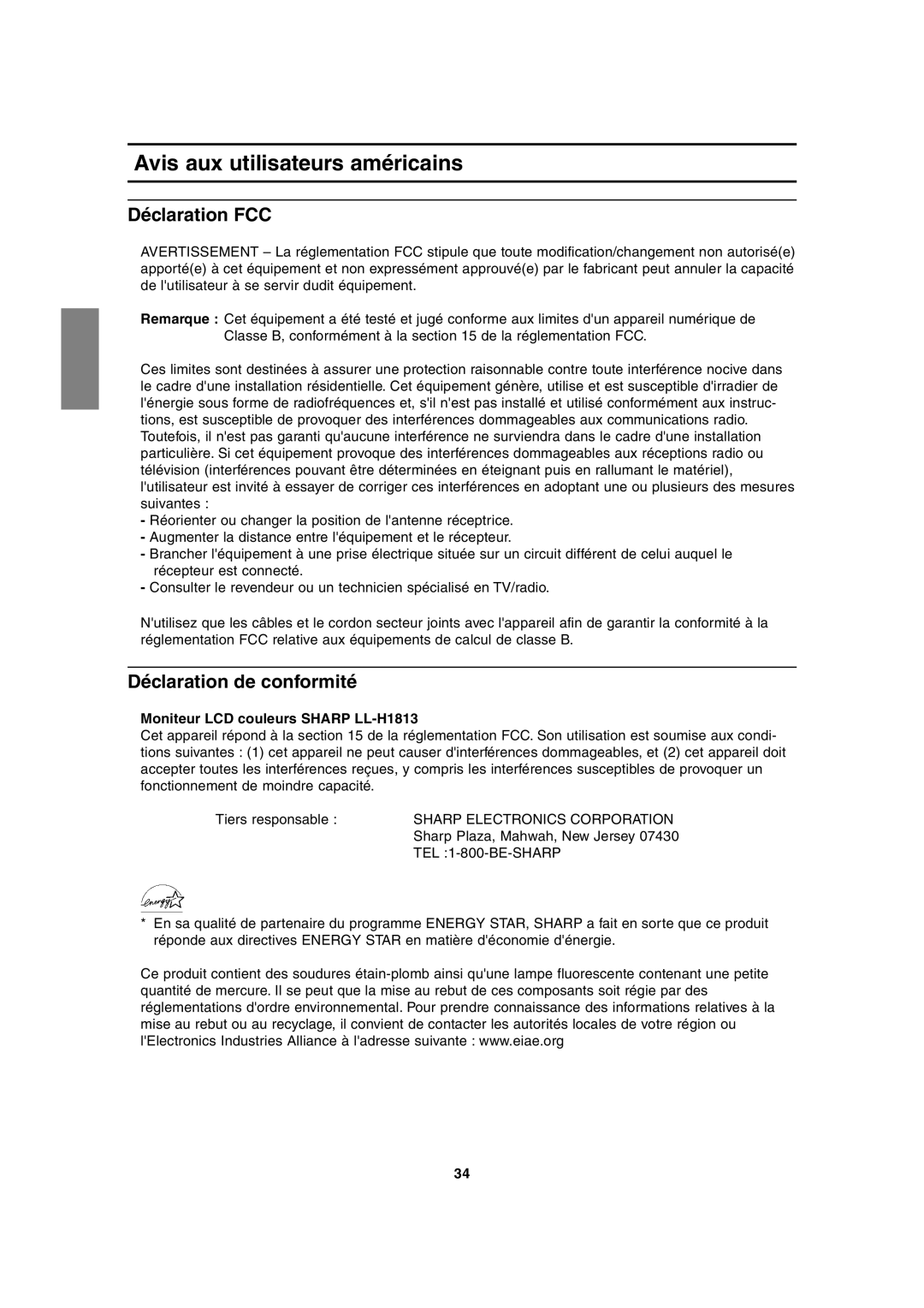 Sharp LL-H1813 operation manual Avis aux utilisateurs américains, Déclaration FCC, Déclaration de conformité 