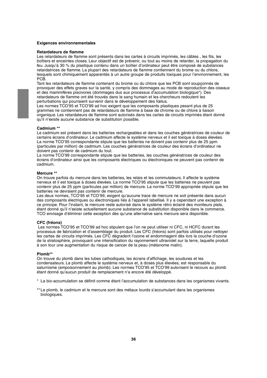 Sharp LL-H1813 operation manual Exigences environnementales Retardateurs de flamme, Mercure, CFC fréons, Plomb 