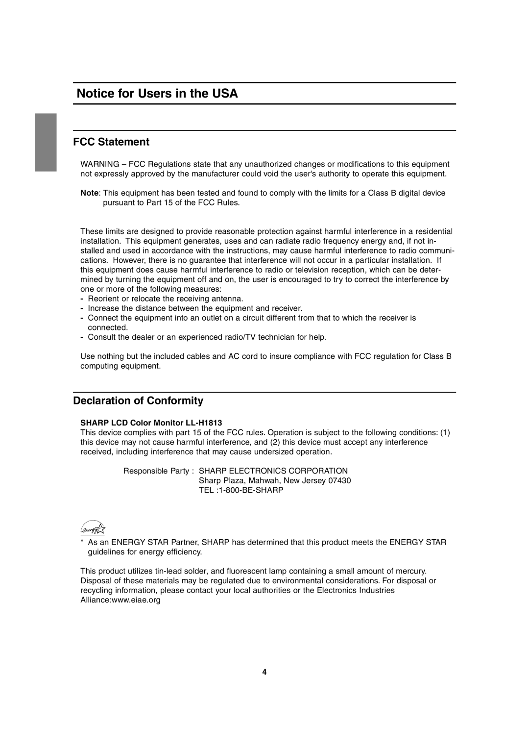 Sharp operation manual FCC Statement, Declaration of Conformity, Sharp LCD Color Monitor LL-H1813 