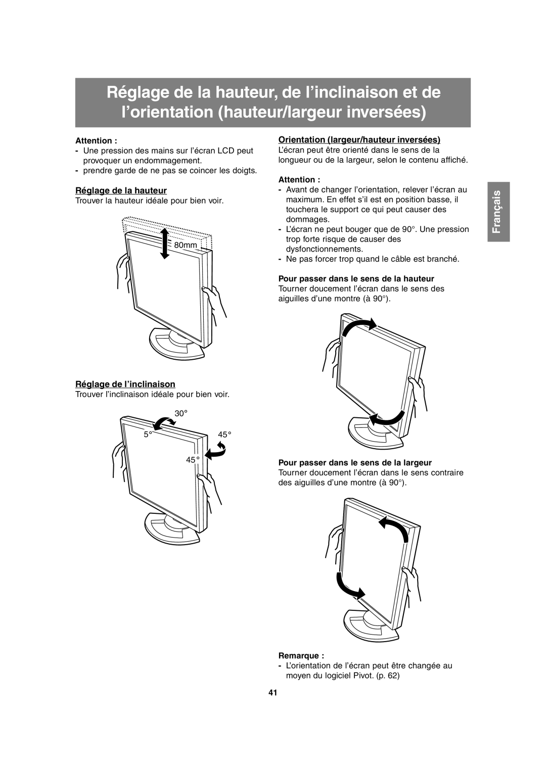 Sharp LL-H1813 Réglage de la hauteur, Orientation largeur/hauteur inversées, Réglage de l’inclinaison, Remarque 