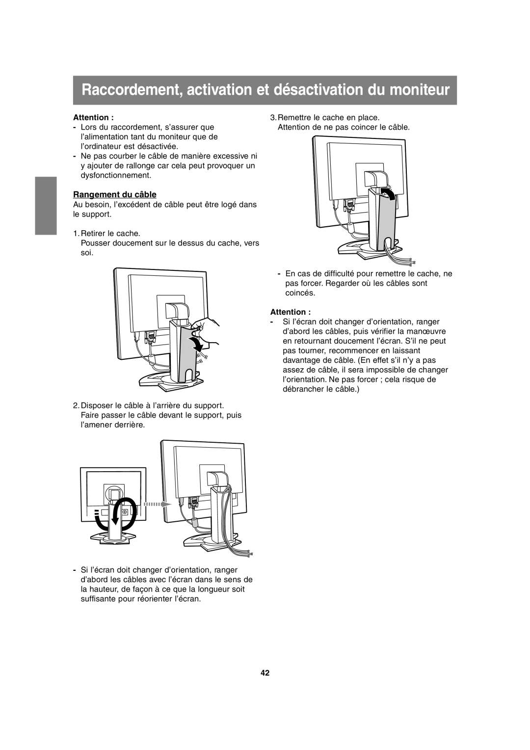 Sharp LL-H1813 operation manual Raccordement, activation et désactivation du moniteur, Rangement du câble 