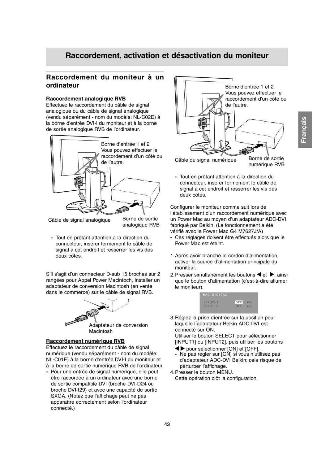 Sharp LL-H1813 Raccordement, activation et désactivation du moniteur, Raccordement du moniteur à un ordinateur 