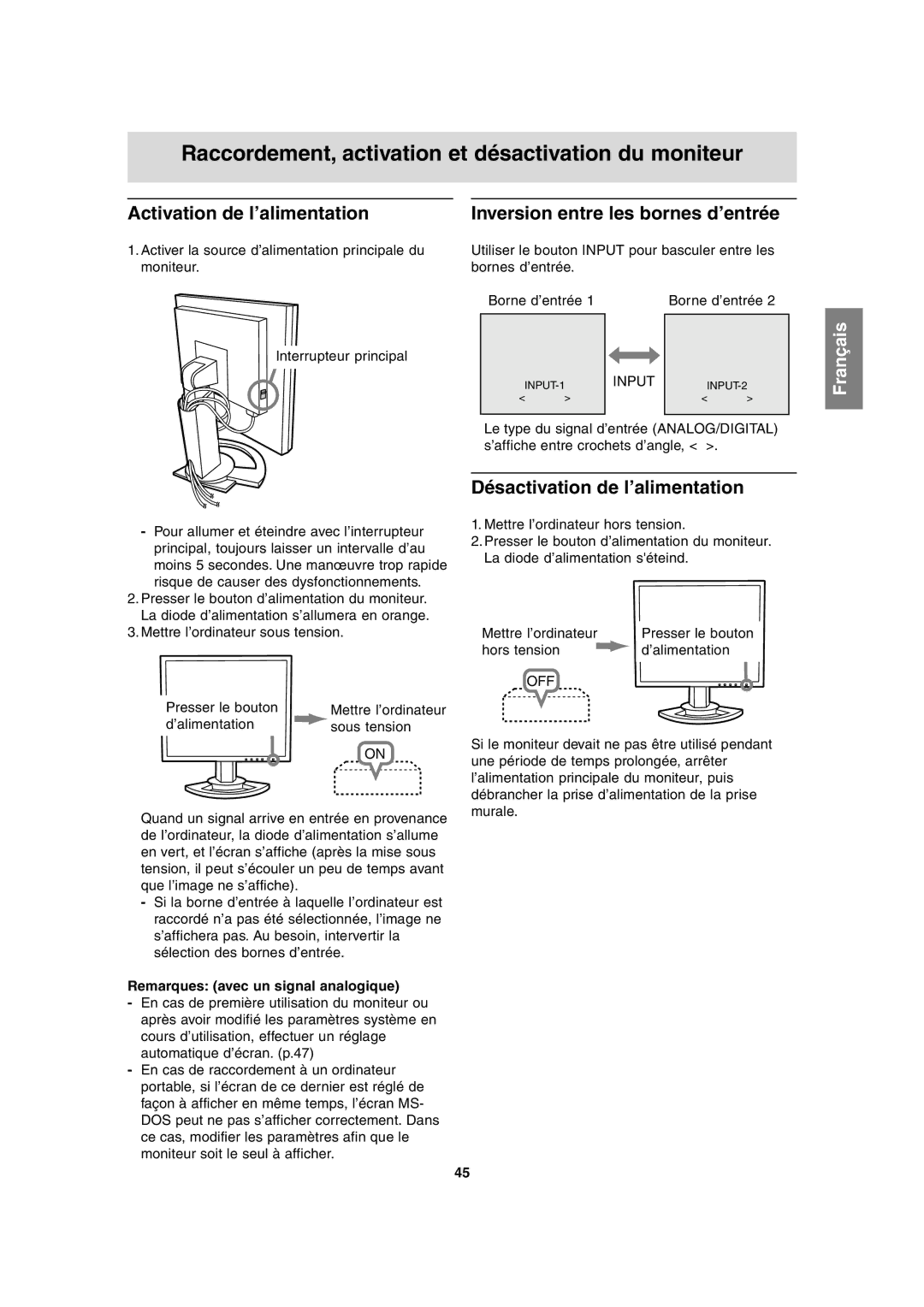 Sharp LL-H1813 Activation de l’alimentation, Inversion entre les bornes d’entrée, Désactivation de l’alimentation 