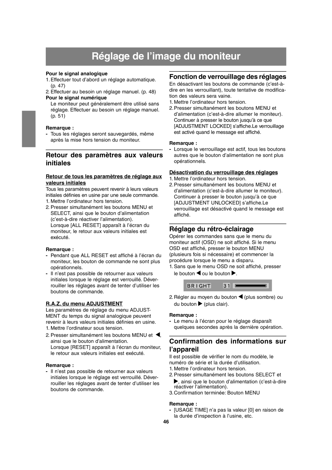 Sharp LL-H1813 Réglage de l’image du moniteur, Retour des paramètres aux valeurs initiales, Réglage du rétro-éclairage 