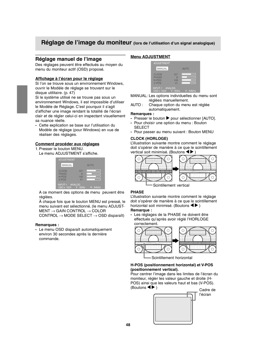 Sharp LL-H1813 operation manual Réglage manuel de l’image, Menu Adjustment, Affichage à l’écran pour le réglage 