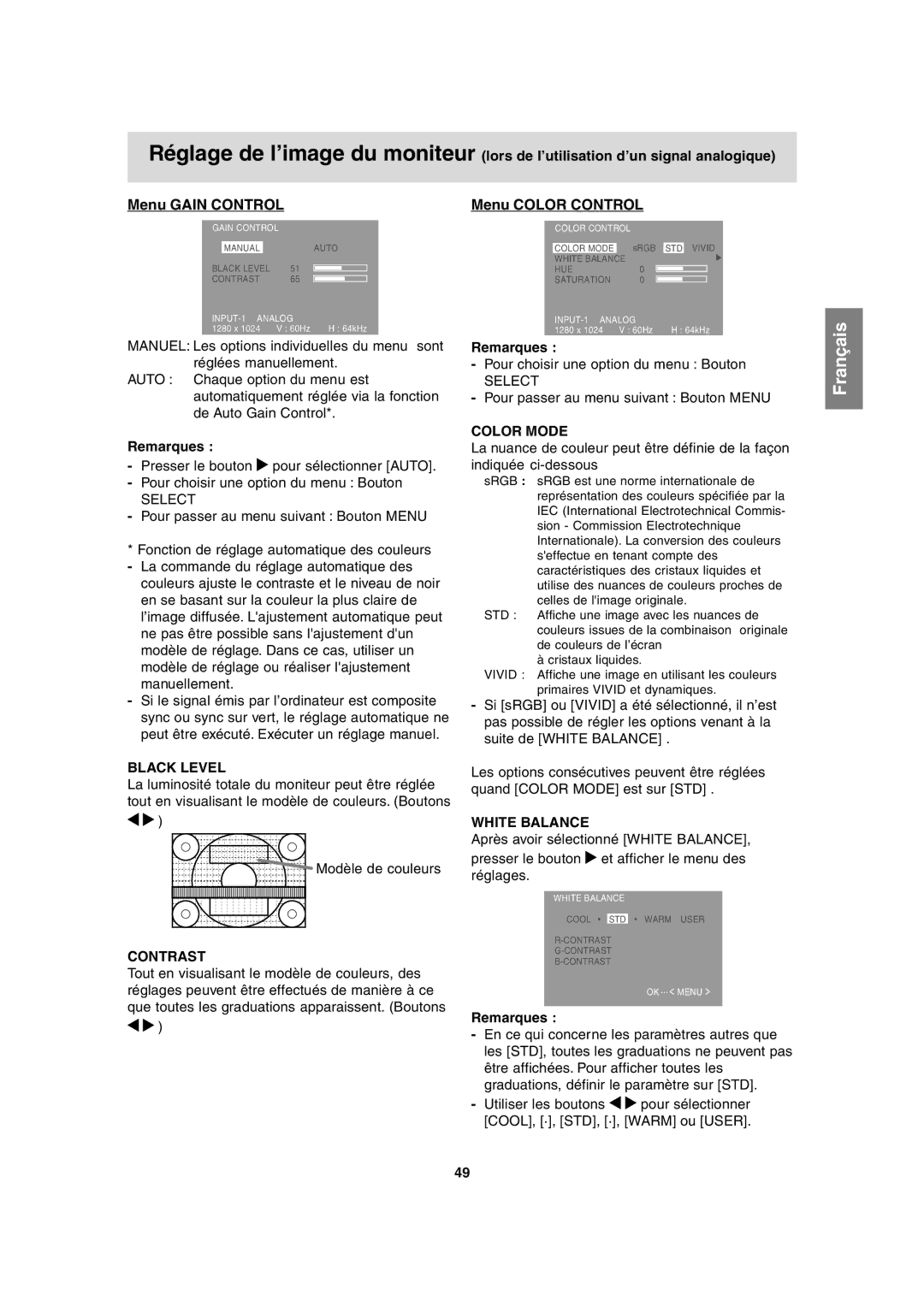 Sharp LL-H1813 operation manual Menu Gain Control, Menu Color Control 