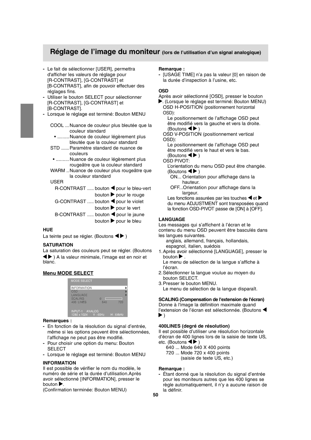 Sharp LL-H1813 operation manual Menu Mode Select, Std 