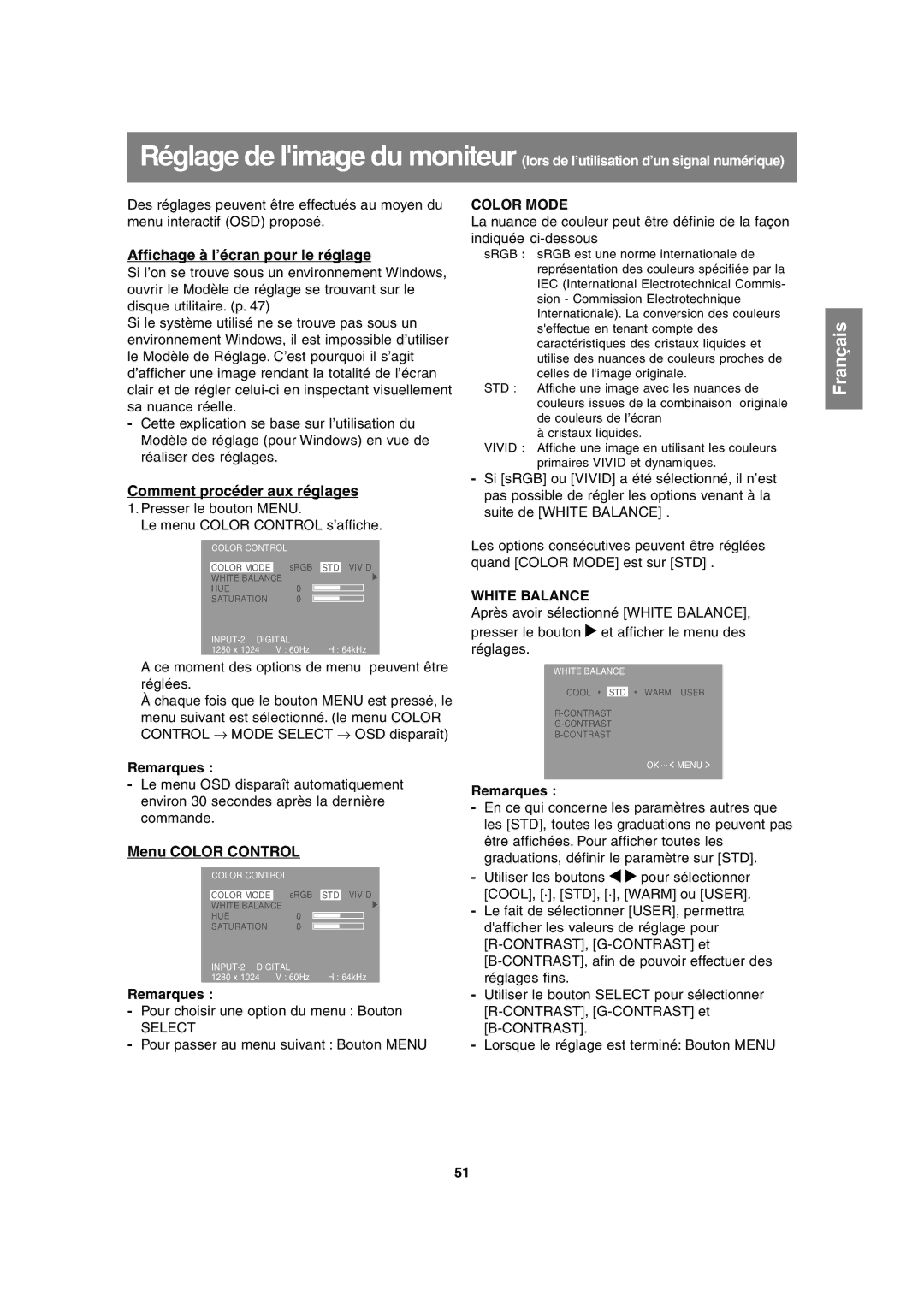 Sharp LL-H1813 operation manual Affichage à l’écran pour le réglage, Menu Color Control 