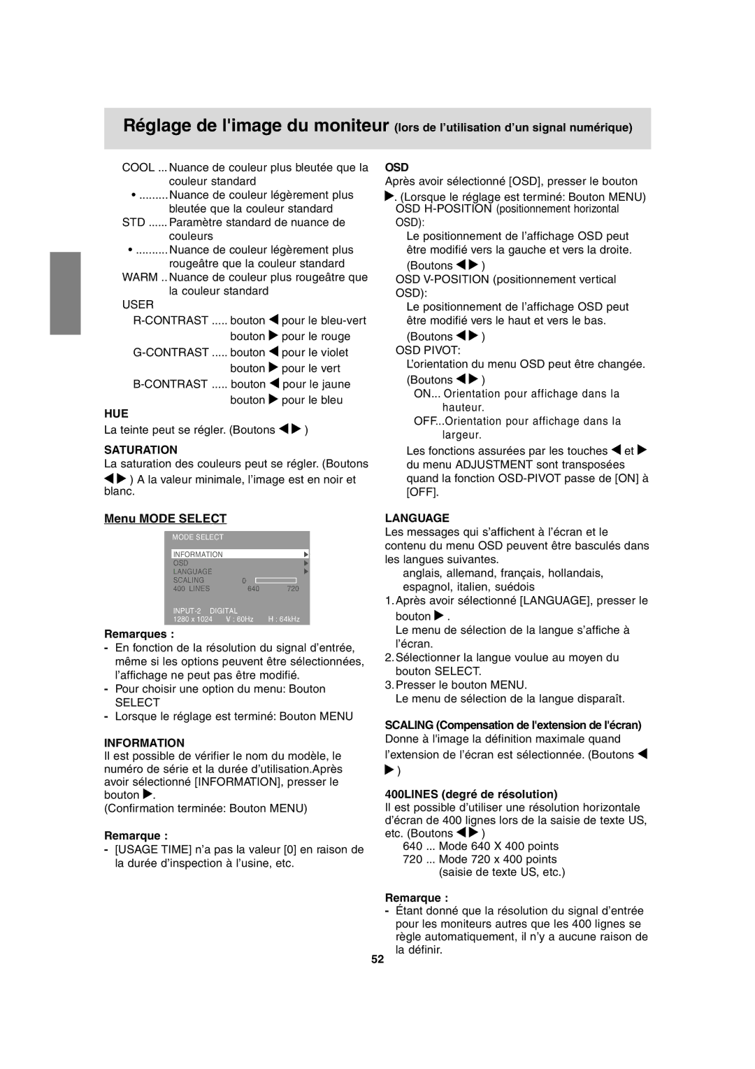 Sharp LL-H1813 operation manual Osd, Scaling Compensation de lextension de lécran 