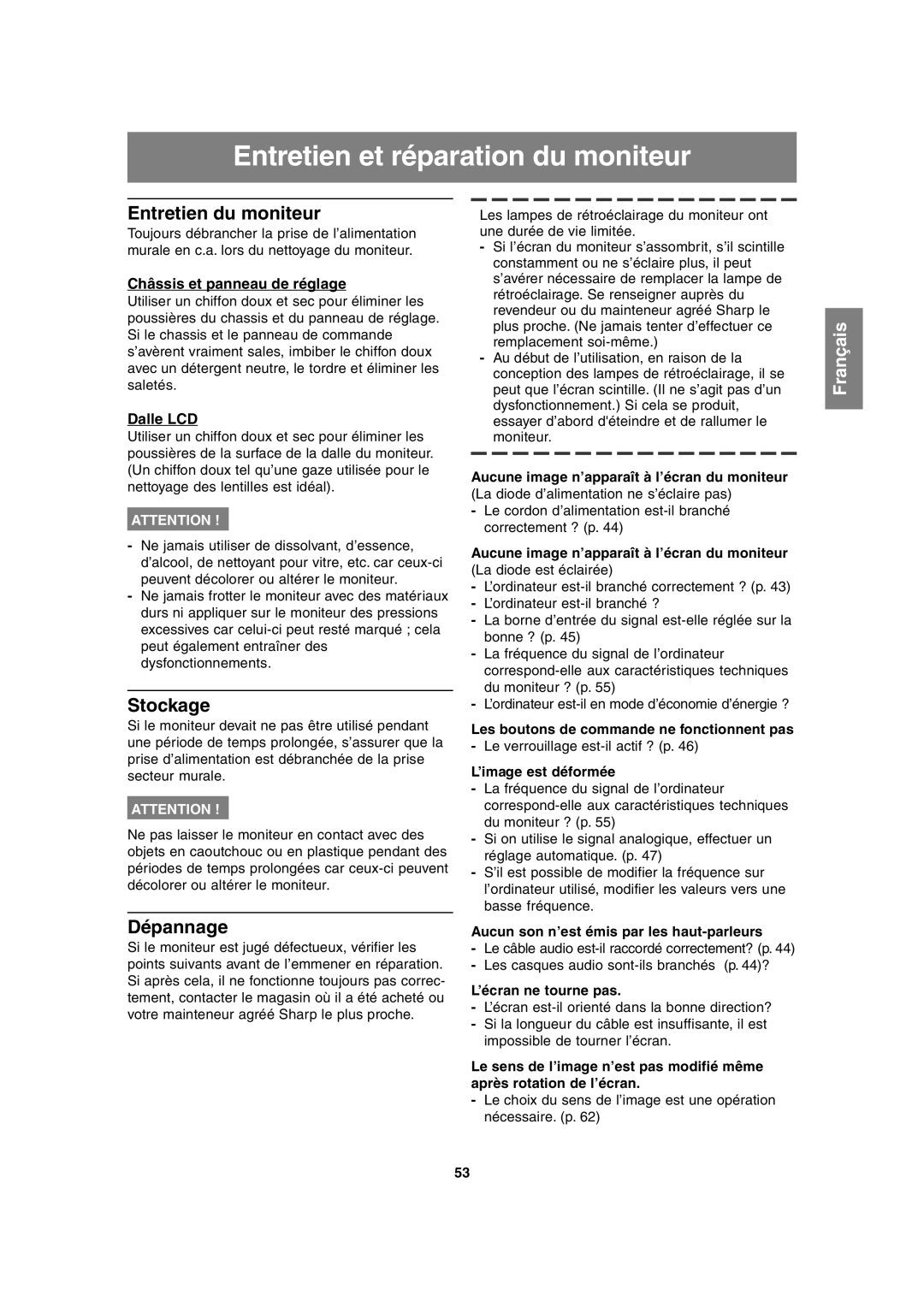 Sharp LL-H1813 operation manual Entretien et réparation du moniteur, Entretien du moniteur, Stockage, Dépannage 