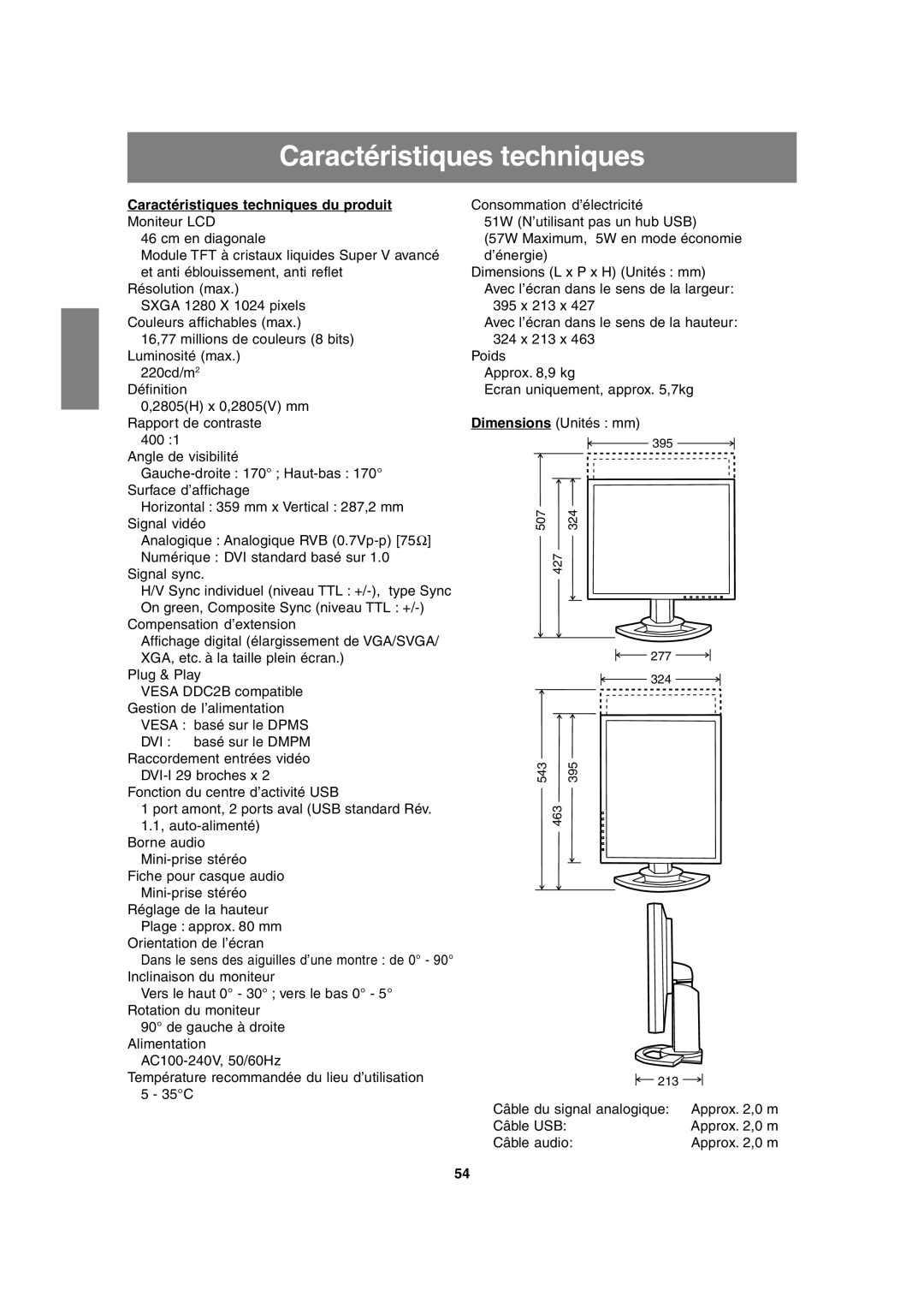 Sharp LL-H1813 operation manual Caractéristiques techniques du produit Moniteur LCD 