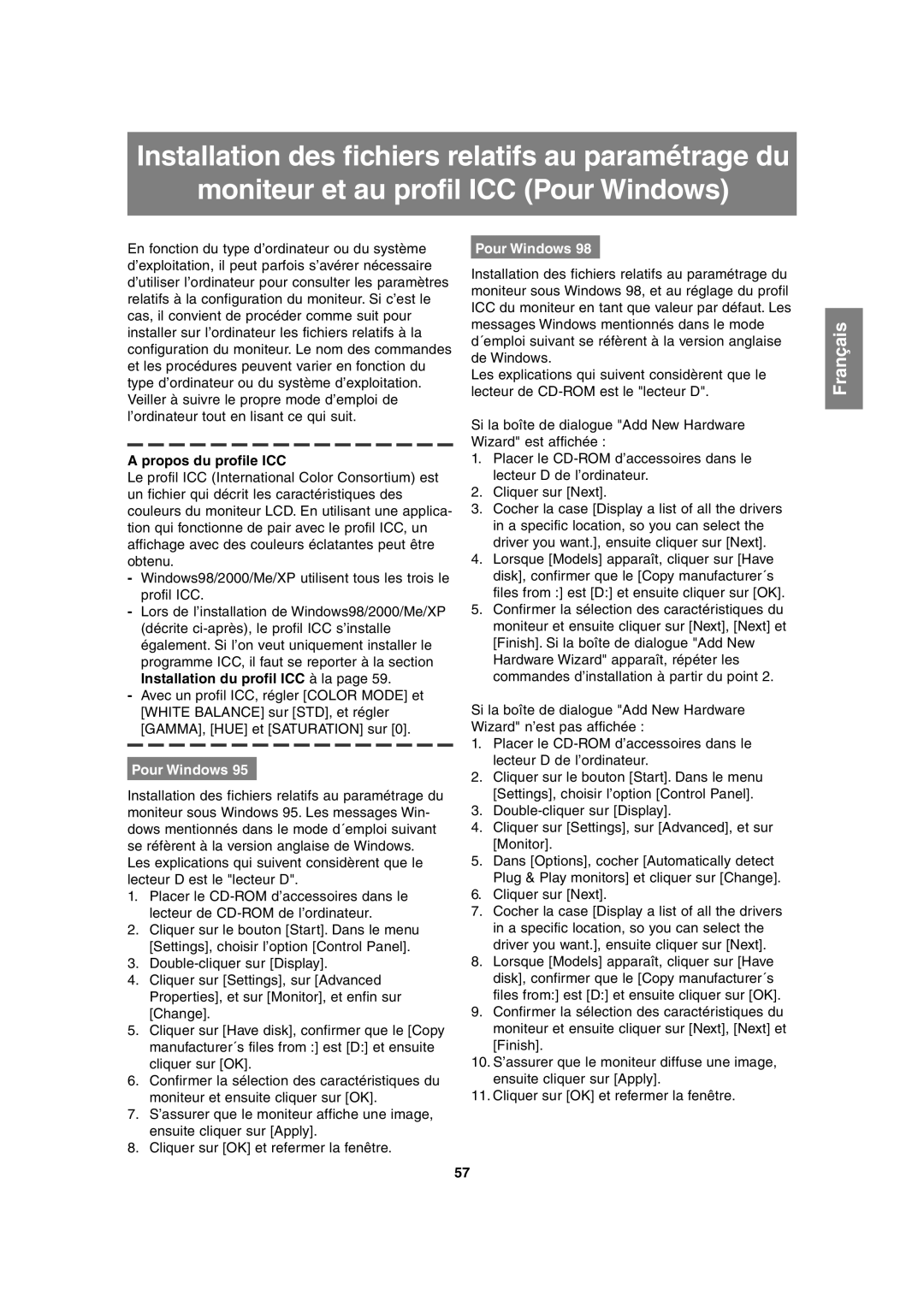 Sharp LL-H1813 operation manual Propos du profile ICC, Pour Windows 