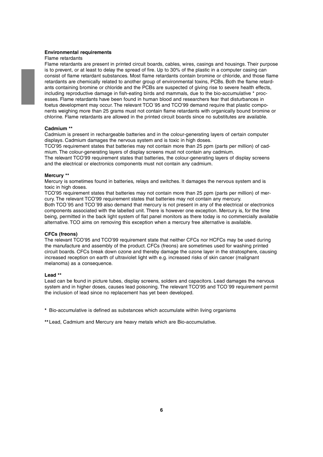 Sharp LL-H1813 operation manual Environmental requirements, Cadmium, Mercury, CFCs freons, Lead 